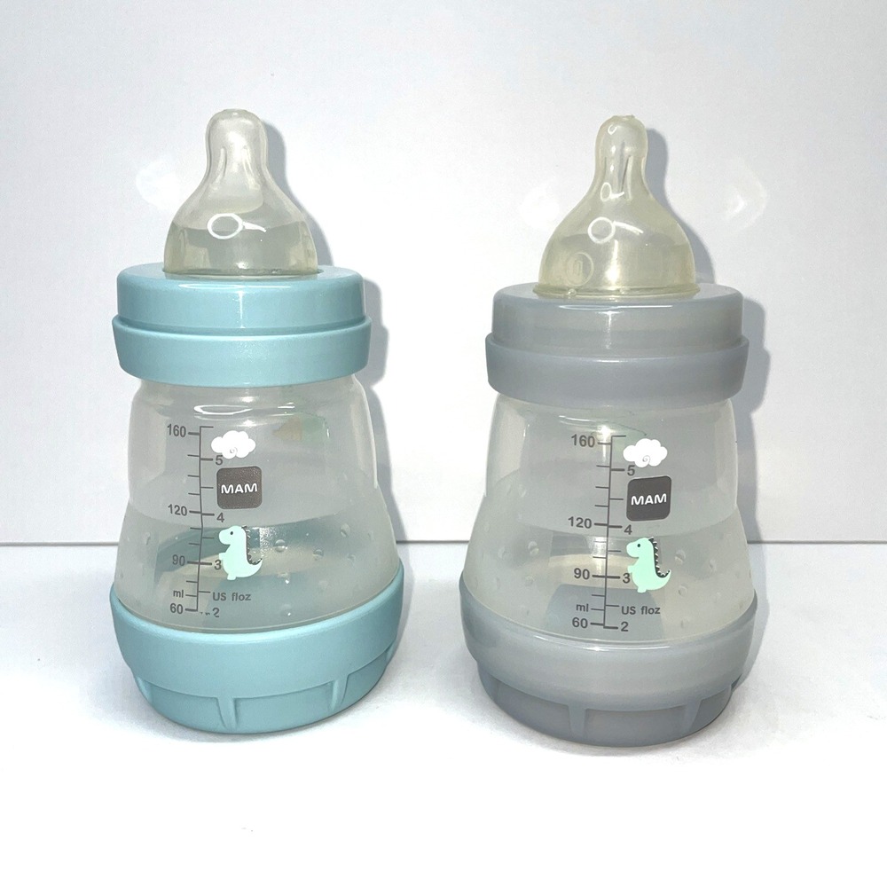 MAM Anti Colic White 5.5 oz Dinosaur Baby Bottle/Ring/Nipple - Lot of 2